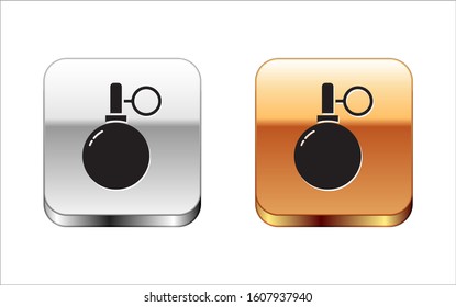 Black Hand grenade icon isolated on white background. Bomb explosion. Silver-gold square button. Vector Illustration