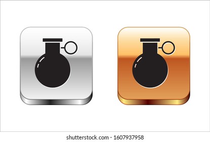 Black Hand grenade icon isolated on white background. Bomb explosion. Silver-gold square button. Vector Illustration