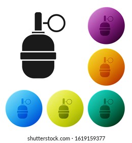Black Hand grenade icon isolated on white background. Bomb explosion. Set icons colorful circle buttons. Vector Illustration