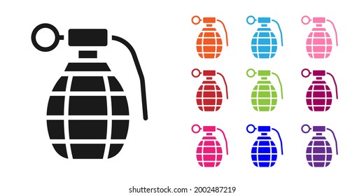 Schwarze Hand-Granate-Symbol einzeln auf weißem Hintergrund. Bombenexplosion. Stellen Sie die Symbole bunt ein. Vektorgrafik