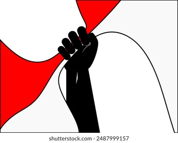 A black hand grips a red and white flag, symbolizing Indonesia's Independence Day and the spirit of freedom.