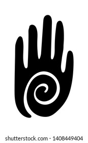 Black Hand Healing Symbol With Spiral Swirl On White Background. Human Hand With Spiral Symbol Logo Or Tattoo Vector Illustration. Palm With Five Fingers And Helix  Sign.