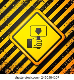 Black Hand holding auction paddle icon isolated on yellow background. Bidding concept. Auction competition. Hands rising signs with BID inscriptions. Warning sign. Vector