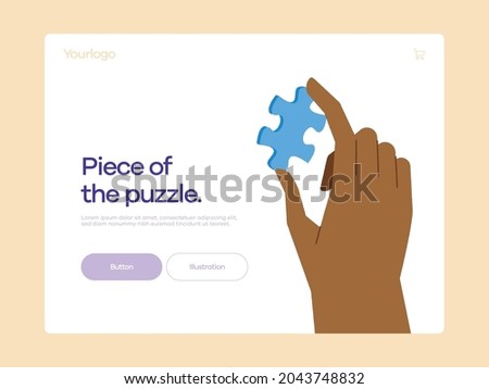 Black hand holding a blue puzzle piece. Illustration for web design or mobile application.