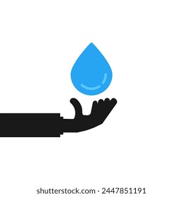 black hand holding blue waterdrop icon. concept of aqua cleanse for good and healthy life or eco friendly. flat style graphic trend modern abstract design save water logotype element isolated on white
