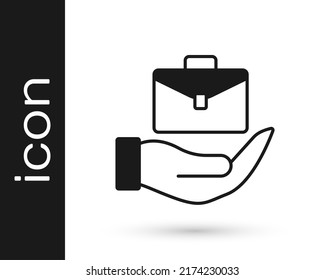 Black Hand holding briefcase icon isolated on white background. Insurance concept. Security, safety, protection, protect concept.  Vector
