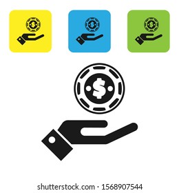 Black Hand holding casino chips icon isolated on white background. Casino gambling. Set icons colorful square buttons. Vector Illustration