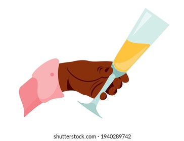 Black hand holding champagne glass isolated on white background. Party invitation background. Trendy hand-drawn vector cartoon flat illustration.