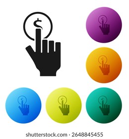 Black Hand holding coin icon isolated on white background. Dollar or USD symbol. Cash Banking currency sign. Set icons in color circle buttons. Vector