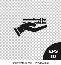 Black Hand holding deck of playing cards icon isolated on transparent background. Casino gambling.  Vector Illustration