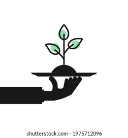 black hand holding dish with linear growing plant. concept of linear human palm with ground like crop. outline flat easy peace logotype graphic sign design web simplicity element isolated on white