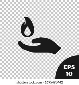 Black Hand holding a fire icon isolated on transparent background.  Vector Illustration