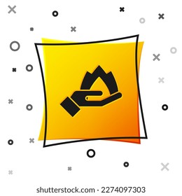 Black Hand holding a fire icon isolated on white background. Insurance concept. Security, safety, protection, protect concept. Yellow square button. Vector