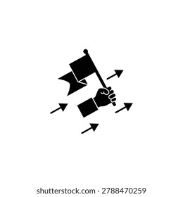 Black hand holding flag with moving arrows