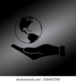 Black Hand holding Globe earth icon 