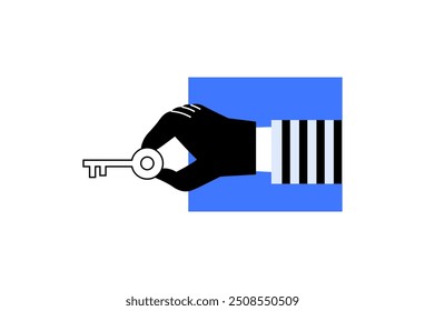 A black hand holding a key in front of a blue square background. Represents access, control, ownership, or security. Suitable for concepts in security, real estate, and digital access.