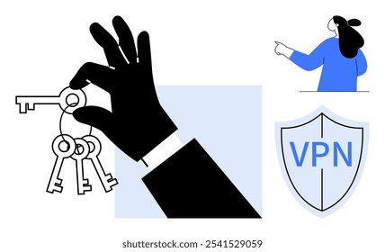 A black hand holding keys on the left. On the right, a person pointing and a VPN shield icon. Ideal for digital security, privacy, access control, technology services, data protection. Simplistic