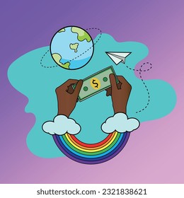 main noire tenant de l'argent, arrière-plan violet et bleu, plan s'élevant dans l'espace, nuage bleu clair avec arc-en-ciel, symbole lgbtqia+, lignes en pointillé, économie financière