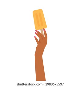 Black hand holding a n ice cream on  isolated background. Vector illustration