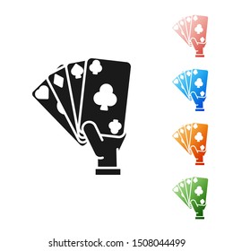 Black Hand holding playing cards icon isolated on white background. Casino game design. Set icons colorful. Vector Illustration