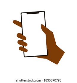 Black hand holding smartphone, isolated on white background. Blank template. Cartoon flat design. Vector illustration.