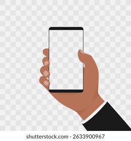 Black hand holding smartphone on a checkered background. Vector template for replacement of the screen content