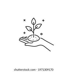 black hand holding soil with thin line plant. flat line art peace logotype graphic stroke sign design. web element isolated on white background. concept of linear small human palm with dirt