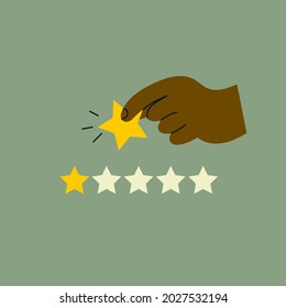 Black Hand holding a Star. Rating stars concept. Hand drawn colored trendy Vector isolated illustration. Cartoon style. Flat design. Print, poster, logo, social media icon template for your own design