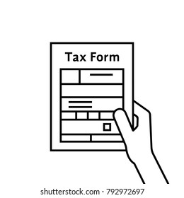 black hand holding thin line tax form. flat contour trend modern vat logo graphic design illustration on white background. concept of taxation overview reminder or risk monitoring in tax collect