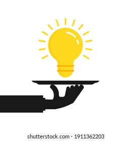 black hand holding yellow bright lightbulb. metaphor of did you know, imagination, human intelligence or education. flat simple style trend modern graphic art design isolated on white background