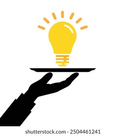 black hand holding yellow bright lightbulb. metaphor of did you know, imagination, human intelligence or education. flat simple style trend modern graphic art