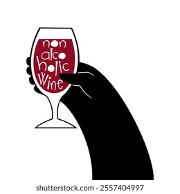 Black hand holds a glass of non-alcoholic wine. Vector hand drawn illustration.