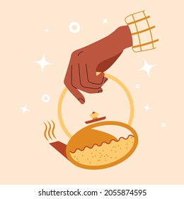 Black hand holds a kettle with a hot drink. Concept design for an oriental tea ceremony, lunch break or cafe service. Close up of a gender neutral African hand. Vector illustration on isolated color