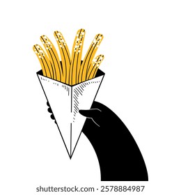 Black hand holds a package of churros with powdered sugar. Vector drawn illustration of fast food baked goods.