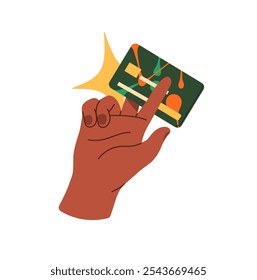 Mano negra sostiene tarjeta de crédito plástica. La persona paga con dinero electrónico mediante transferencia financiera digital. Pago sin contacto en efectivo para comprar. Ilustración vectorial aislada plana sobre fondo blanco