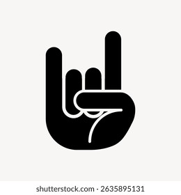 Black hand icon showing rock gesture on white background. Rock hand symbol in bold black. Simple rock gesture icon for music lovers. Minimalist rock hand sign. User interface icon vector.