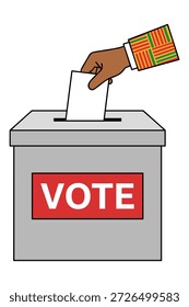 Mano negra insertando tarjeta de voto en urna, símbolo de proceso democrático, participación política, ilustración de deber cívico