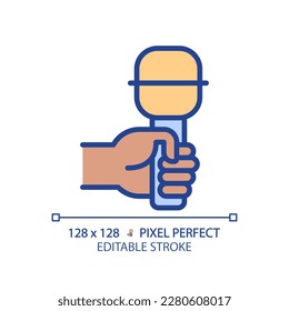 Black hand with microphone pixel perfect RGB color icon. Audio recording equipment. Journalist with mic at interview. Isolated vector illustration. Simple filled line drawing. Editable stroke