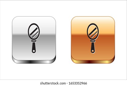 Icono de espejo de mano negra aislado en fondo blanco. Botón cuadrado dorado plateado.  Ilustración vectorial