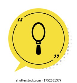 Black Hand mirror icon isolated on white background. Yellow speech bubble symbol. Vector Illustration