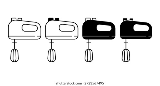 Black hand mixer icon bundle illustrating baking appliances for mixing dough and ingredients. Perfect for bakery branding, recipe visuals, and home kitchen designs.