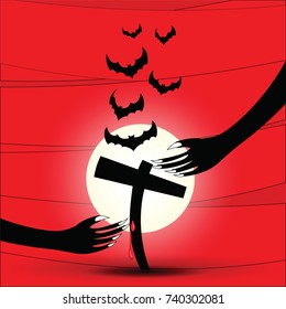 Black hand on red background with bats and tombstone vector for Halloween holiday as illustration eps 10