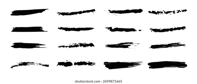 Schwarzer handgemalter Pinselstrich unterstreichen Vektorsatz. Marker- und Tintenfarben-Grunge-Linien, raue Trennstriche mit Schmutztextur, handgezeichnete Illustration.