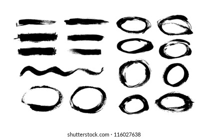 Black hand painted vector abstract brush strokes  and circles collection