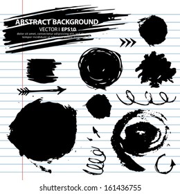Black hand painted vector abstract brush strokes collection. Exercise book paper in the lineup. Vector EPS 10 illustration.
