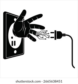 Mão preta conectada à tomada com os dedos da placa de circuito