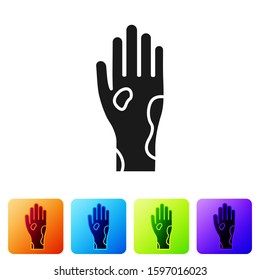 Black Hand with psoriasis or eczema icon isolated on white background. Concept of human skin response to allergen or chronic body problem. Set icons in color square buttons. Vector Illustration