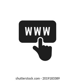 black hand push on button like visit to website. concept of easy search link in net and webpage navigation. flat modern simple logotype graphic design web elemenet isolated on white background