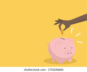 Black hand putting coin a Piggy bank savings concept of growth vector