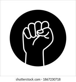 Black hand raised in a clenched fist icon. Freedom sign and protest symbol on white background. color editable